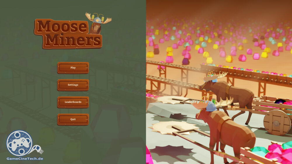 Der hübsche Startbildschirm von Moose Miners bereitet auf das Spiel vor.