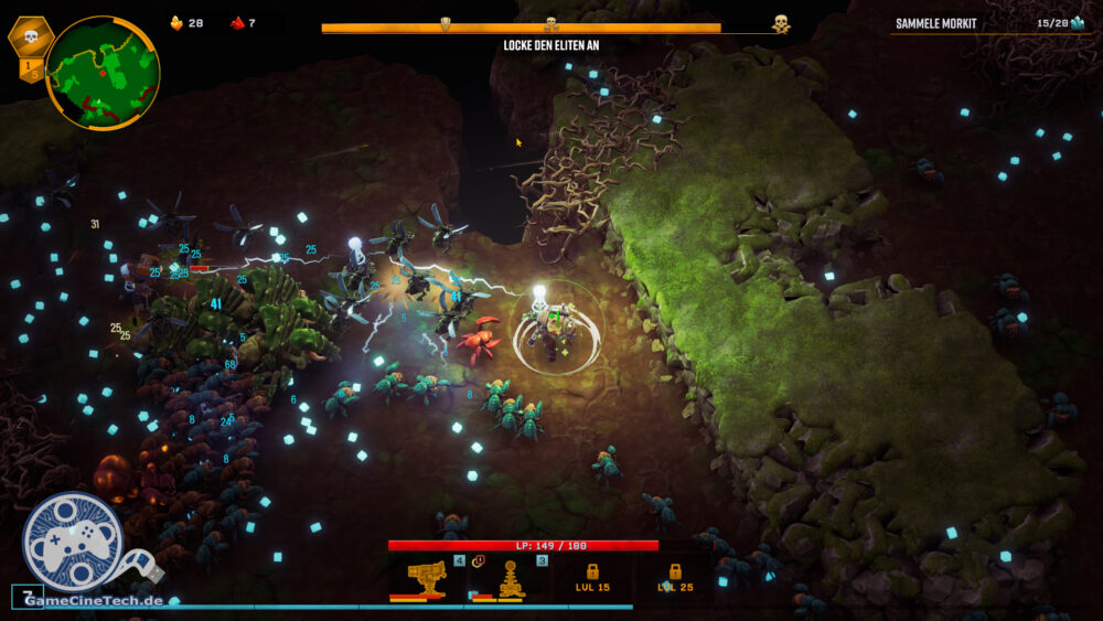 In Deep Rock Galactic Survivors weicht ihr den Monsterhorden aus und schlagt euch durchs Gestein. Dabei baut ihr auch Rohstoffe ab.