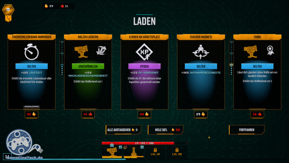 Im Laden wählt ihr Upgrades für eure Waffen aus.