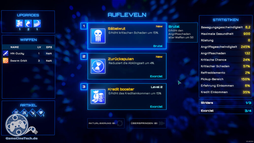 Bei jedem Levelaufstieg kann der Spieler Verbesserungen auswählen.
