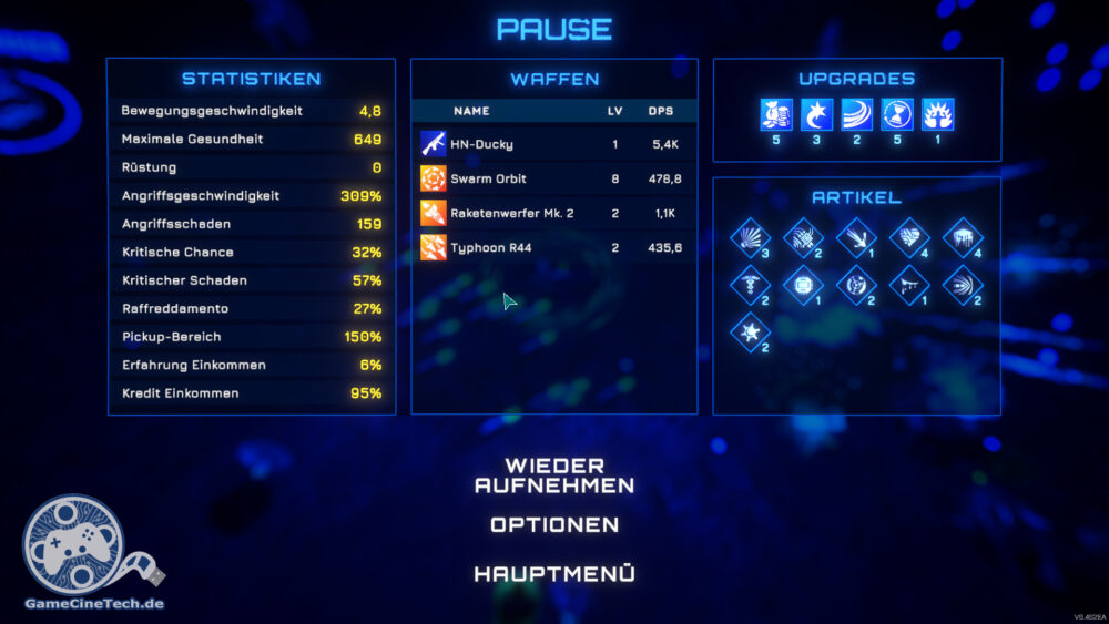 Der Pause-Bildschirm gibt umfangreiche Auskunft über aktuelle Upgrades und Fähigkeiten.