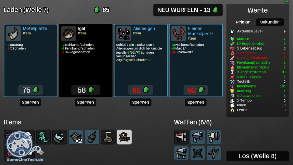 Nach jeder Runde kann man in Brotato neue Waffen und Fertigkeiten auswählen und upgraden.